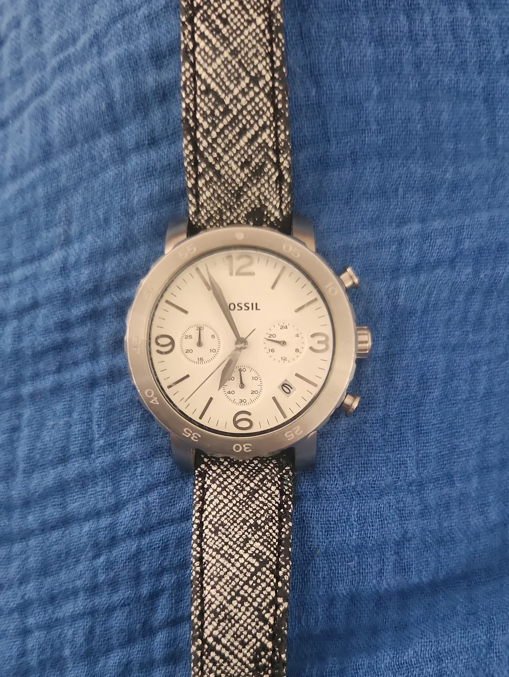 Fossil Silver Chronograph Watch with Black & White Patterned Strap